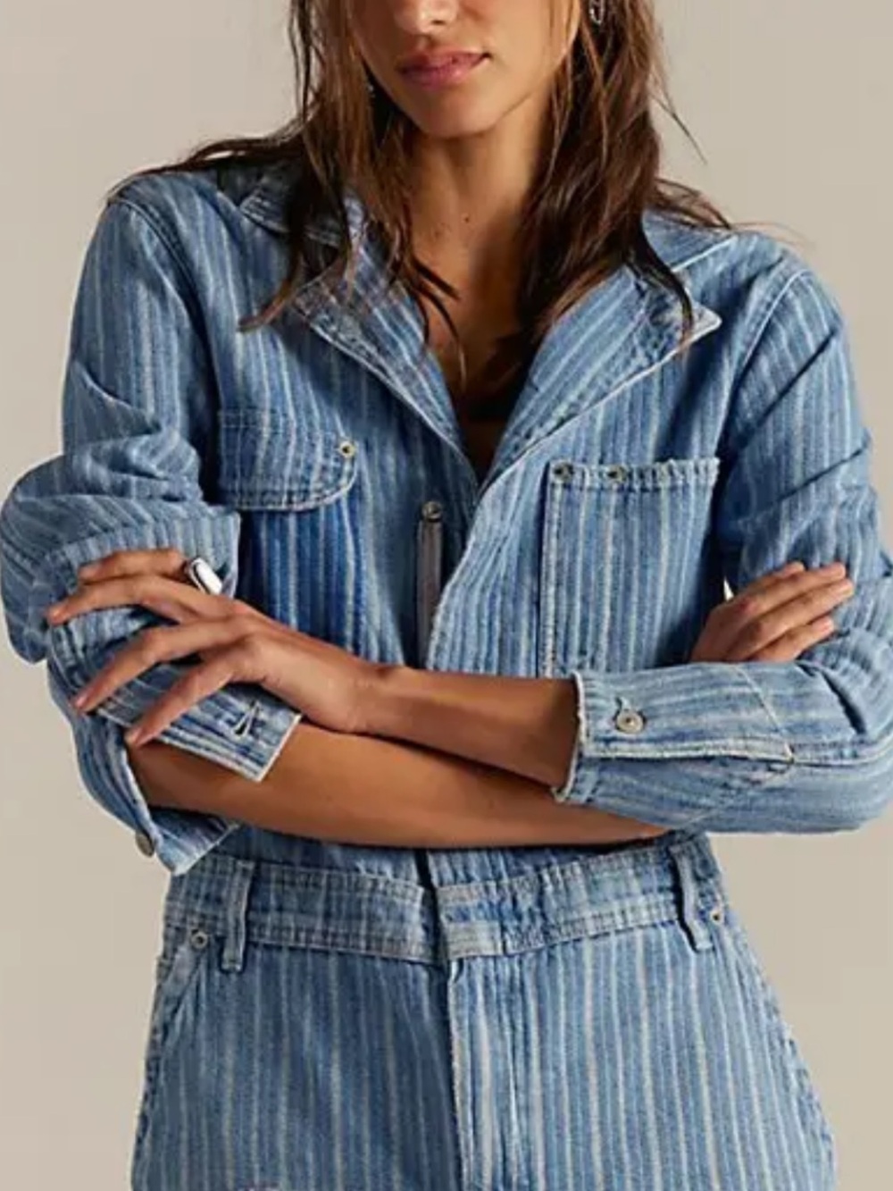 We The Free Downtown Railroad Striped Light Denim Coverall Romper
